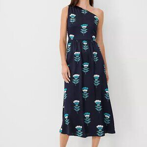 Ann Taylor Silk Navy Floral One Shoulder Dress